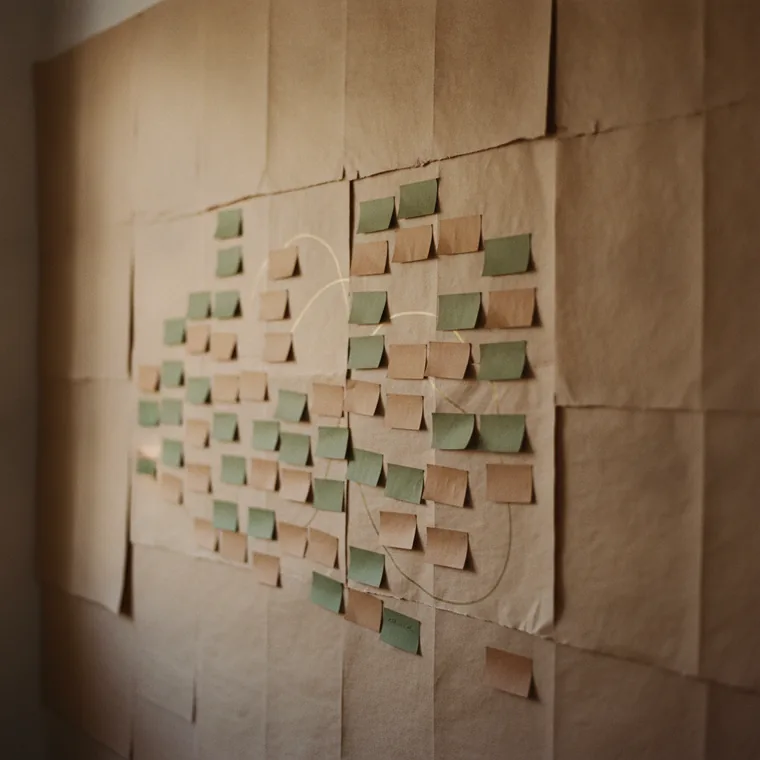 A wall of kraft paper densely covered with coloured workshop cards in loose clusters, thin lines connecting them