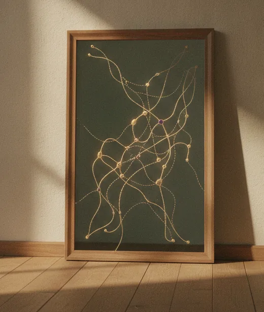 A framed picture against a wall in warm light, holding a golden network on a moss-green ground