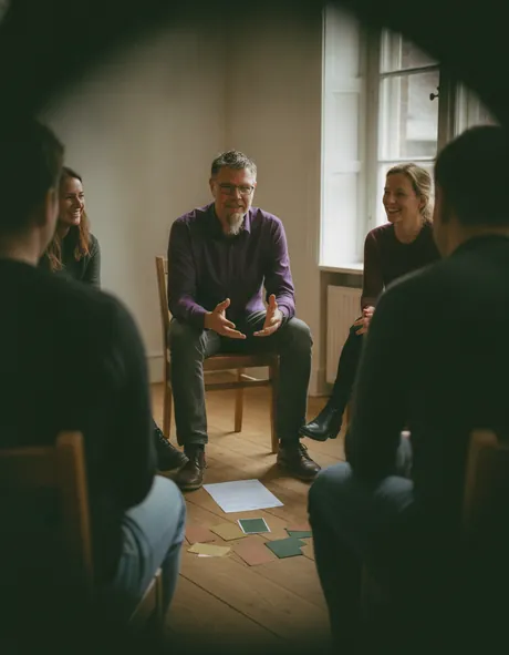 A small group sitting in a circle of chairs in a bright room, in conversation
